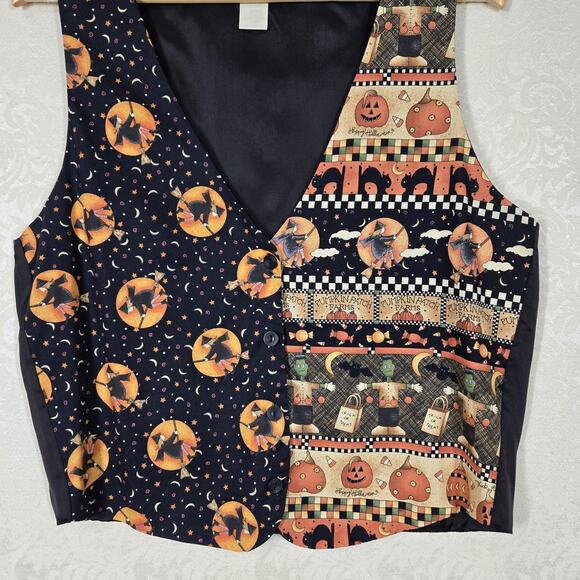 VTG 111 Main Halloween Vest L Black Orange Witch Pumpkins Black Cat Trick Treat - Picture 3 of 10